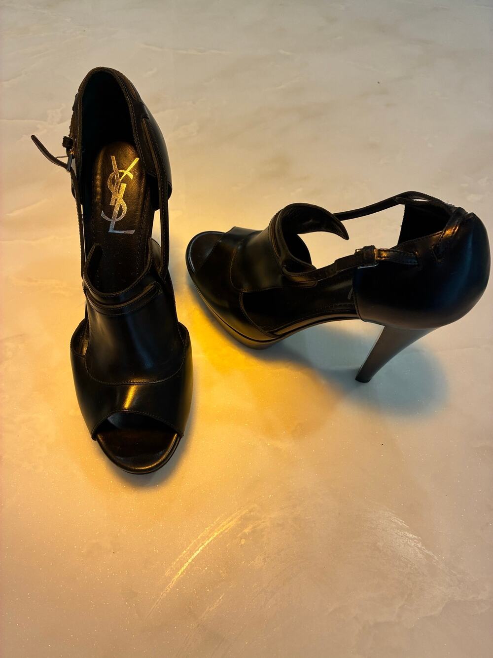 Vintage YSL Yves Saint Laurent Black Leather Peep-Toe Platform Heels